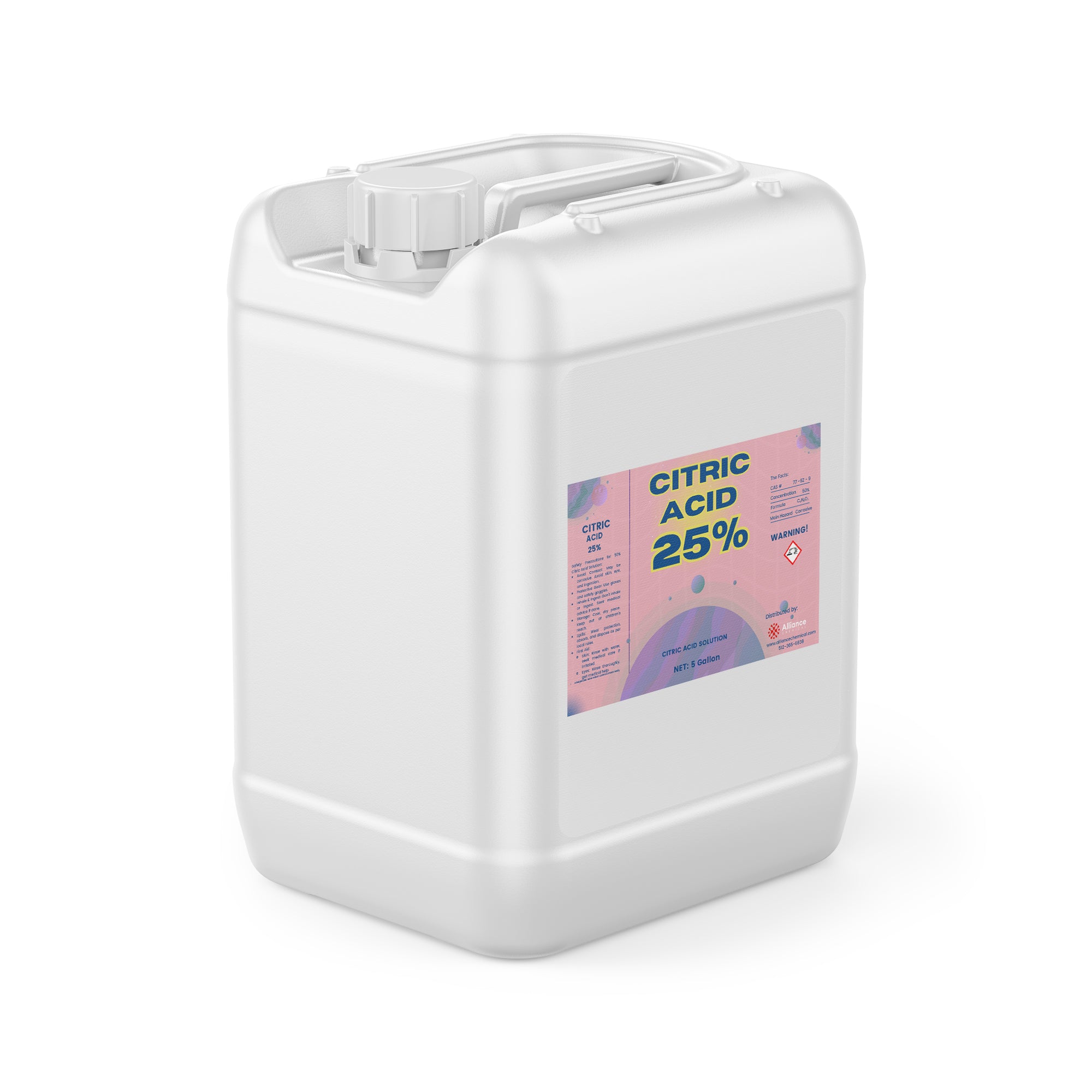5-gallon white HDPE jerry can containing 25% citric acid solution, featuring pink-gradient label with hazard warning symbol and secure screw-top closure.